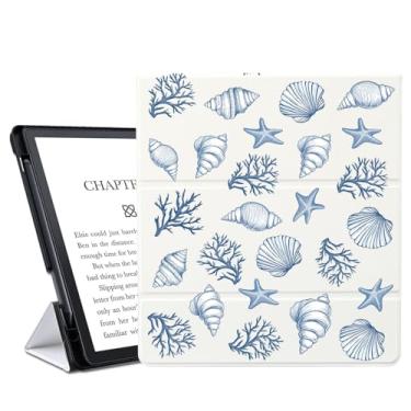 Imagem de AdorableWhimsy Capa Blue Seashell para Kindle Scribe 10,2 polegadas, versão 2024/2022, couro texturizado PU, fina, vários ângulos, suporte inteligente, capa dobrável com ativar/hibernar automático