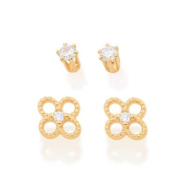 Imagem de Kit brinco ponto de luz e mini flores folheado a ouro Cód. 526622 Cole
