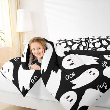 Imagem de Manfei Conjunto de edredom com desenho animado de fantasma de Halloween, para meninos, tamanho casal, decoração de quarto, preto e branco de microfibra escovada, 3 peças