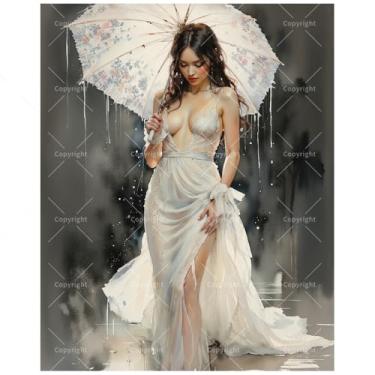 Imagem de Kit de pintura de chuva mística por números para adultos - DIY Lady in Rain com pintura de guarda-chuva em tela 41 x 50 cm, conjunto de tinta acrílica, adequado para iniciantes, ideal para decoração