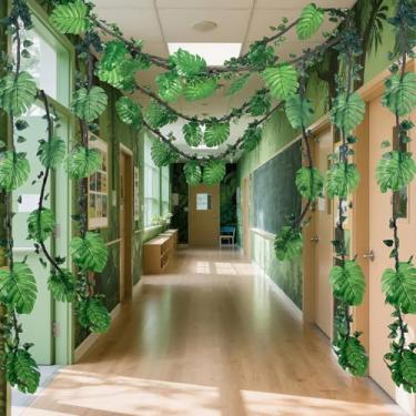 Imagem de Preboun 27 peças de decorações de festa com tema de selva, 2 rattans artificiais de 3 metros, 20 folhas de palmeira tropical, 5 videiras falsas hera, safári, safári, decorações de ratã para ambientes