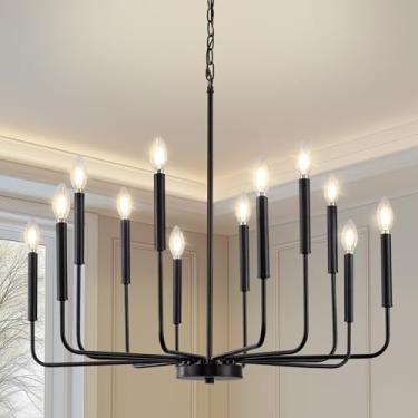 Imagem de ONESMING Lustre preto moderno para sala de jantar, luminárias de cozinha de metal com 12 luzes, luminária pendente pendurada em vela de fazenda para sala de estar, entrada, hall de entrada, quarto