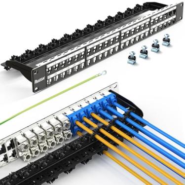 Imagem de PBAEGAV Patch Panel 48 portas UTP/STP Painel de remendo Keystone em branco com gerenciamento de cabos e barra de suporte adequado com vários tipos Keystone (1U 48Port)