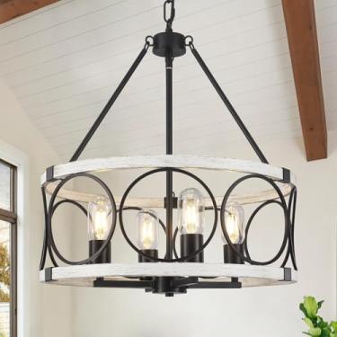 Imagem de SLBWQ Lustre de fazenda para sala de jantar 4 luzes, luminária redonda de fazenda de 45 cm, luminárias de cozinha rústica, lustres de tambor suspensos para hall de entrada, quarto, carvalho preto e