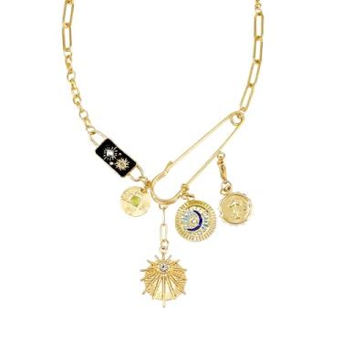 Imagem de Colar com pingente feminino banhado a ouro, olho turco, sol, lua, flor, moeda, pingente de moeda, colar delicado feito à mão, joia feminina, Medium, Titânio, Sem Pedra Preciosa