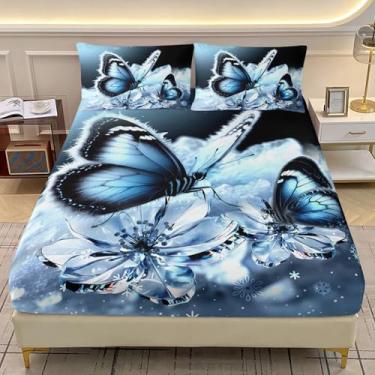 Imagem de AILONEN Jogo de lençol Queen para meninas, 3D, borboleta, floco de neve, azul, 3 peças, lençol com elástico e 2 fronhas