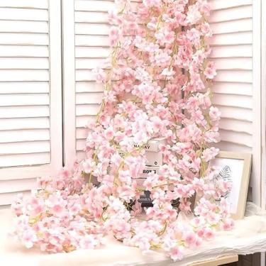 Imagem de 6 peças, flores de cerejeira artificiais, trepadeiras, galhos de flor de cerejeira, guirlanda de flores de cerejeira sintéticas, guirlanda de flores cor-de-rosa, vinhas de cerejeira falsas de seda