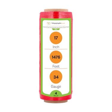 Imagem de PSBM Red Stretch Wrap, pacote com 4, 17 polegadas x 1476 pés, calibre 34, rolos de filme elástico à mão escuro/opaco para embalagem de paletes de embalagem móvel