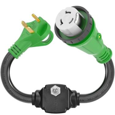 Imagem de RVGUARD Protetor de sobrecarga Cabo adaptador RV de 30 a 50 Amp com disjuntor, adaptador de energia elétrica NEMA TT-30P para NEMA SS2-50R com indicador de energia LED, 45,7 cm, verde, listado na ETL