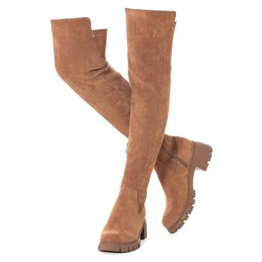 Imagem de N.N.G Botas femininas acima do joelho até a coxa camurça preta bloco baixo 5 cm salto grosso acima do joelho inverno bico fino, Sola marrom/saliente, 36