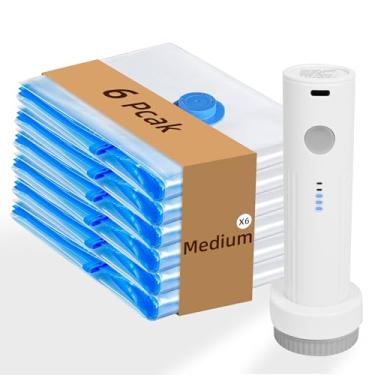 Imagem de TOUYINGER Sacos de armazenamento a vácuo com bomba de ar de carregamento sem fio, bolsas economizadoras de espaço para roupas, cobertores, travesseiros, edredons de viagem (6 médios + bomba elétrica)