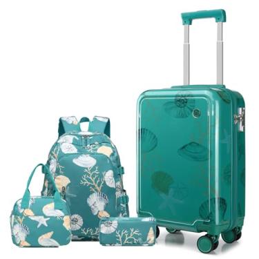 Imagem de Somago Conjunto de 4 peças de bagagem infantil com mochila para meninos e meninas Spinner 45,7 cm de policarbonato rígido com trava TSA, Concha azul, Medium, Conjunto de bagagem e mochila infantil