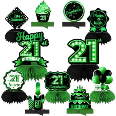 Imagem de Happy 21st Birthday Mesa verde e preta centros de mesa balões tema decoração decoração de mesa topos de mesa para meninas mulheres princesa 21 anos de idade festa de aniversário suprimentos de