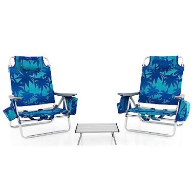 Imagem de GYMAX Cadeiras de praia, mochila de acampamento com apoio de braço, bolsa térmica, suporte de copo, barra de toalha e bolsos laterais, espreguiçadeira de bronzeamento, cadeira dobrável (com mesa