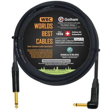 Imagem de WORLDS BEST CABLES Cabo de instrumento para baixo para guitarra Gotham GAC-1 Ultra Pro de 3,5 m (21 pf/F) - com conectores TS de 6,35 mm em ouro Neutrik reto a angular ¼ polegada (6,35 mm) - feito sob
