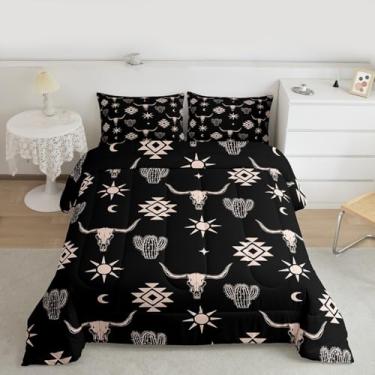 Imagem de Feelyou Conjunto de edredom de caveira de touro ocidental, todas as estações, asteca do sudoeste, com 2 fronhas, boêmio, tribal, microfibra, roupa de cama queen, cacto exótico, edredom respirável