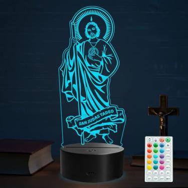 Imagem de Luz noturna San Judas Tadeo, decoração Judas Tadeo, lâmpada de ilusão 3D com controle remoto, 16 cores RGB, 4 modos de piscar, temporizador, decoração de quarto infantil