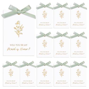 Imagem de AHANDMAKER Cartão de proposta de dama de honra com laço de fita, Will You Be My Matron of Honor Cards com fitas de poliéster Golden Floral Bridal Convite Cards para chá de noiva de casamento, verde