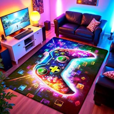Imagem de Tapete de área de jogos para quarto de meninos, tapete de controle de jogos neon para decoração de quarto de jogadores, tapete de gamepad macio para meninos adolescentes, tapete legal de videogame