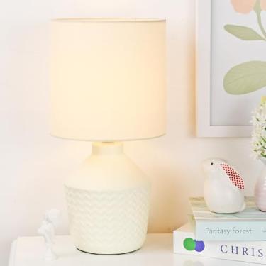 Imagem de Lampwell Candeeiro de mesa pequeno creme de palheta para sala de estar como luminária de mesa de cabeceira para quarto, luminária de mesa noturna infantil de cerâmica moderna, Φ16,89 × A 30,58 cm