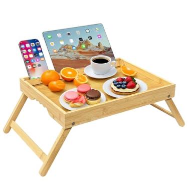 Imagem de CUXFLS Bandeja de cama de bambu com pernas dobráveis e suportes de telefone - Bandeja de café da manhã no sofá da cama, perfeita como mesa de laptop, bandeja de lanche e cozinha - natural