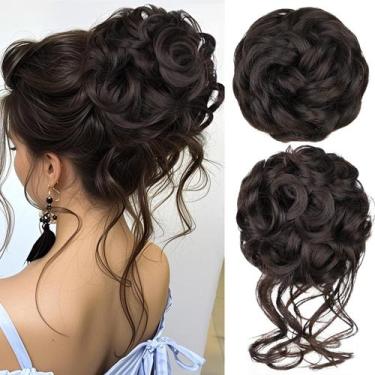 Imagem de Coque de cabelo RONTAYA Messy Bun Wavy Curly Sintético Marrom escuro