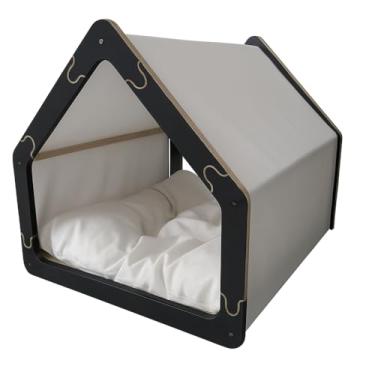 Imagem de Cama Caminha para Pet Cachorro e Gato Tamanho Grande em Madeira e Tecido, Luma Pet, Design Casinha, com Almofada Macia (Preto/Cinza)