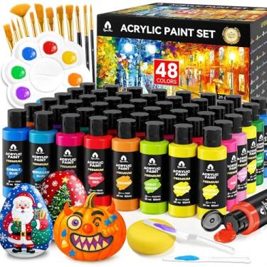 Imagem de Conjunto de tinta acrílica, 48 cores, frascos de 60 ml com 12 pincéis, 2 facas e paleta - para adultos, artistas e iniciantes - Kit de pintura de artes e artesanato presentes