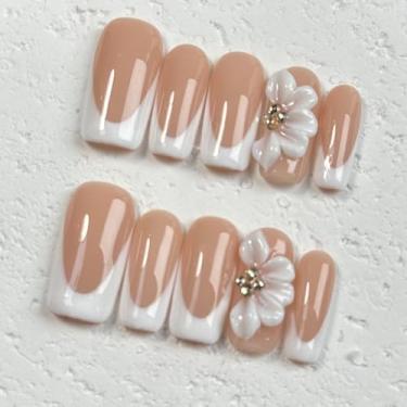 Imagem de Unhas postiças longas feitas à mão, unhas postiças quadradas, grossas com cola, arte de flor branca 3D, unhas postiças com desenhos de strass, unhas francesas rosa nude, reutilizáveis, natureza, cola