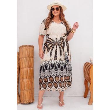 Imagem de Vestido Midi Plus Size Estampado Manga Princesa - Ana Maya Curves, Beg