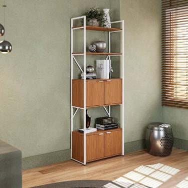 Imagem de Estante Alta para Livros com 4 Portas Industrial Canela/Branco Brilho