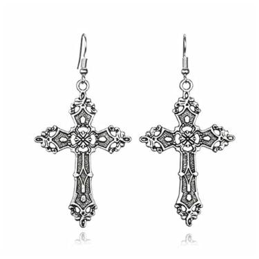 Imagem de Brincos de cruz gótica para mulheres, brincos de Halloween com pingente de cruz gótica grande, prata, vintage, punk, gótico, grunge, pingente, pingente, Natal, Ano Novo, joias para mulheres (prata)