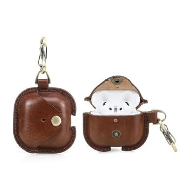 Imagem de CONTACTS Capinha Capa Case Estojo de couro legítimo para AirPods 4 com botão de pressão de latão e mosquetão, abertura para porta de carregamento, bordas oleadas requintadas-Luxo (Marrom)