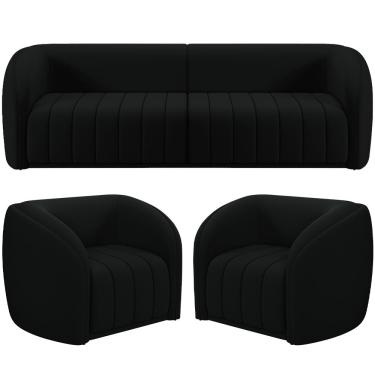 Imagem de Kit Sofá 4 Lugares Para Sala 292cm com 02 Poltronas Lazio M03 Veludo Preto - Lyam Decor