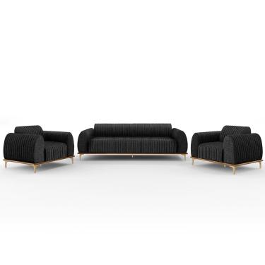 Imagem de Kit Sofá 2 Lugares 150cm Com 2 Poltronas Molino Pés D'ouro D02 Linho Chumbo D-465 - Lyam Decor