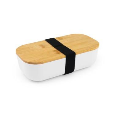 Imagem de Marmita Lancheira Pote P/Comida 700ML com Tampa de Bambu, Recipiente para Alimentos, Em Plástico RPET Com Alça Elástica (Branco)