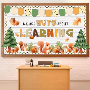 Imagem de Decoração de quadro de avisos para sala de aula com tema da floresta de outono girassol We are Nuts About Learning Squirrel Nuts Tree, recortes para volta às aulas, sala de aula, escritório, lousa