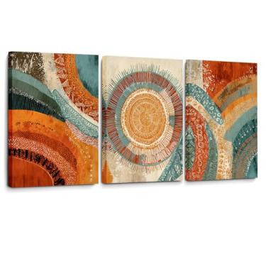 Imagem de Conjunto de 3 arte de parede Boho Sunrise - Impressões em tela abstratas modernas de meados do século | Arte geométrica de terracota laranja queimada e azul-petróleo para decoração de sala de estar