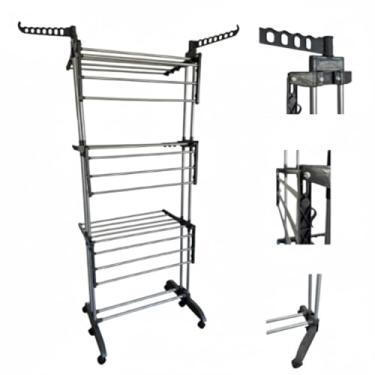 Imagem de Varal Multiuso 3 Andares com Rodízios 360° – Varal de Chão Dobrável e Regulável, Portátil, Ideal para Apartamentos