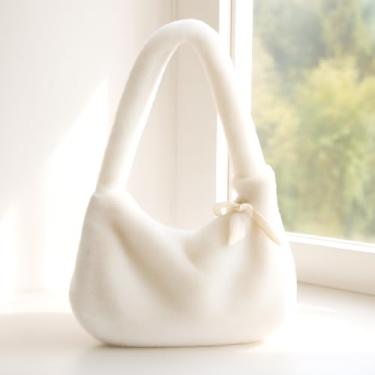 Imagem de Mini bolsa de ombro feminina de pelúcia – Bolsa de mão macia e felpuda estilo coreano com fecho de zíper, Branco, Medium, Mochila casual