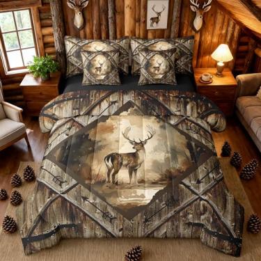 Imagem de Homewish Jogo de cama Queen com estampa de veado aquarela, retrô, porta de celeiro, listras de madeira, para crianças, adolescentes e adultos (edredom, lençol de cima, lençol com elástico, 2 fronhas