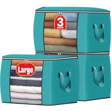 Imagem de Fab totes Armazenamento de roupas 90L, sacos de armazenamento dobráveis de tecido grosso, recipientes para organizar quarto, armário, roupas, edredom, organização com alça (pacote com 3, verde)