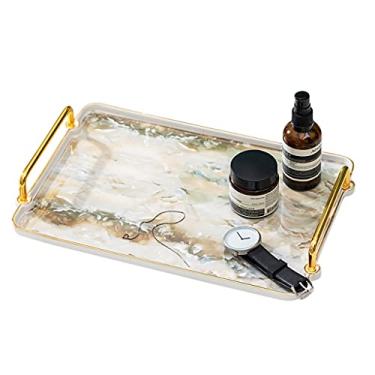 Imagem de Bandeja de mesa de café, bandeja de servir, bandeja de servir de cerâmica, bandeja decorativa retangular, bandeja de armazenamento de xícara de café, bandeja de café da manhã com alças (cor: bege