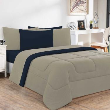 Imagem de Kit Edredom + Jogo De Lençol Malha 100% Algodão Gran Moratta 6 Peças Casal - Avelã/Azul Marinho