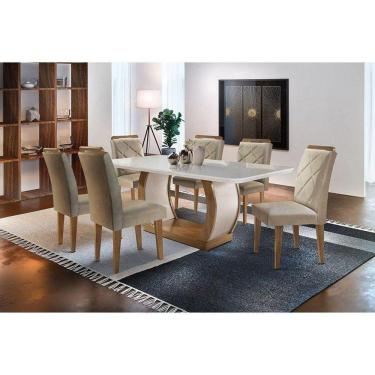 Imagem de Sala de Jantar Completa C/ Tampo Vidro Canto Curvo 6 Cadeiras Imbuia Linho Turim