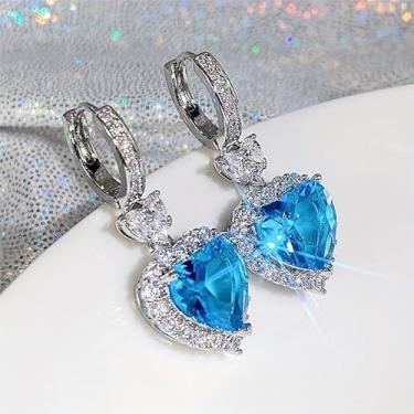 Imagem de Brincos requintados de coração de zircônia cúbica azul marinho para presente de casamento, one size, Cobre, água-marinha sintética