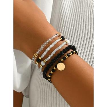 Imagem de Pacote com 5 pulseiras femininas com contas, pulseiras elásticas empilháveis em camadas, pulseiras boho de ouro branco preto e branco, conjunto de pulseiras delicadas para meninas, joias modernas e