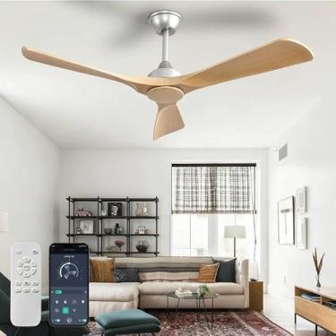 Imagem de BvenuBigLite Ventilador de teto sem luz: Ventilador interno externo de 3 lâminas de 52 polegadas para pátios - Ventilador de teto de madeira sem luz Controle remoto de aplicativo reversível