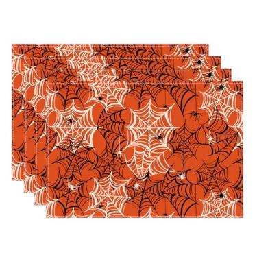 Imagem de XCHI Jogo americano assustador de teia de aranha laranja e preta, conjunto de 4 tapetes de mesa para festa, casa, cozinha, decoração de mesa de jantar, 30 x 45 cm