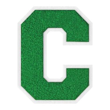Imagem de 1 Patch de letra de chenille verde de 15 cm com borda branca – adesivos do alfabeto para roupas, jaquetas, mochilas, chapéus para decoração personalizada, nome personalizado e artesanato. (C)